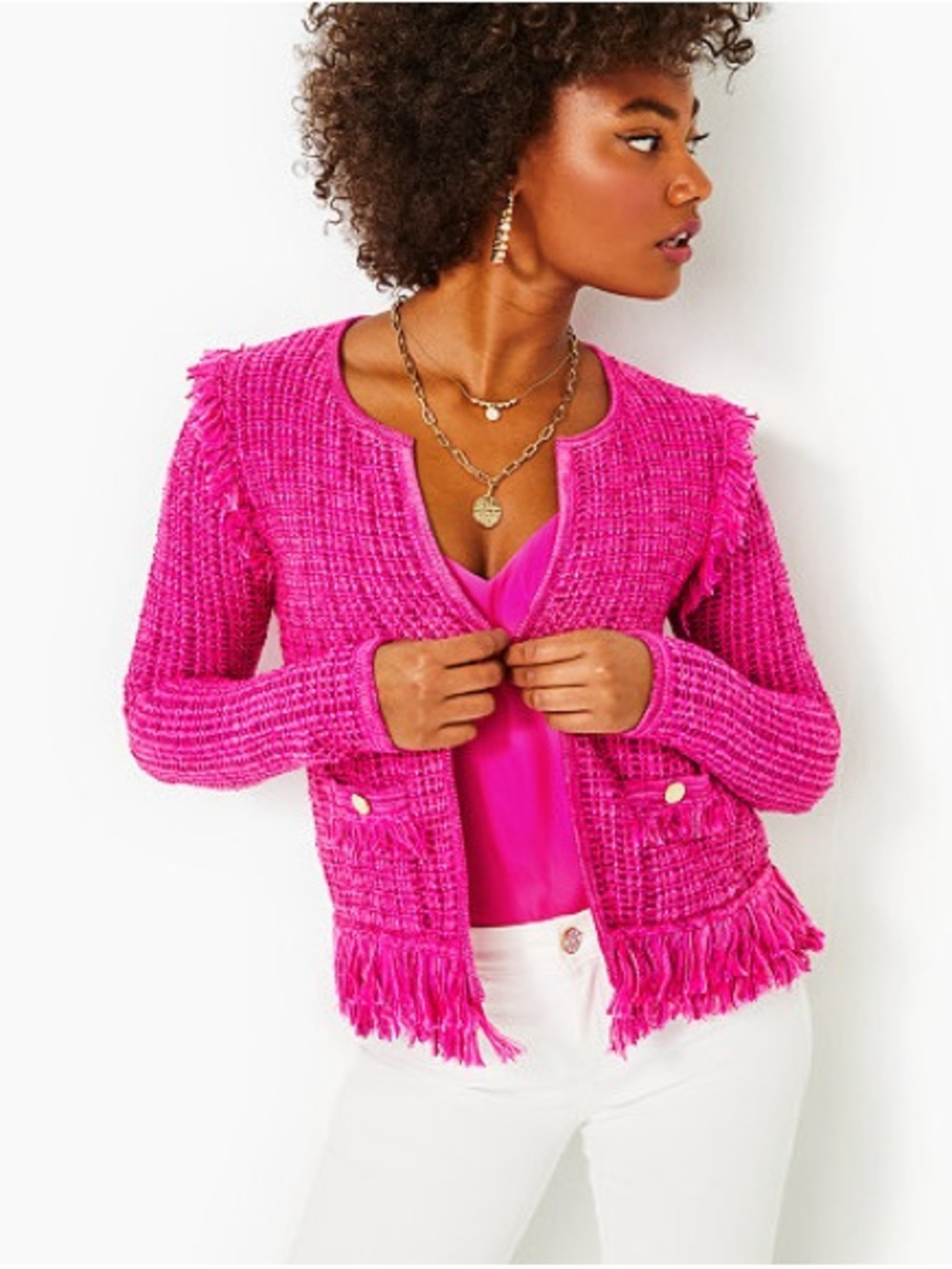Lilly Pulitzer Simora Fringe Cardigan In Pink Palms Exotic Tweed